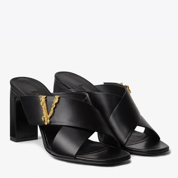 Versace★素敵！Virtus Leather Black Sandals Shoes Versace Virtus Leather Open Toe Mule Heel Sandal Black Gold